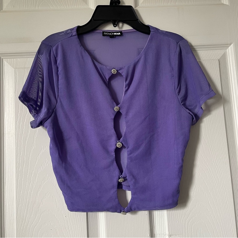 Fashion Nova Purple Short Sleeve Button-Front Crop Top